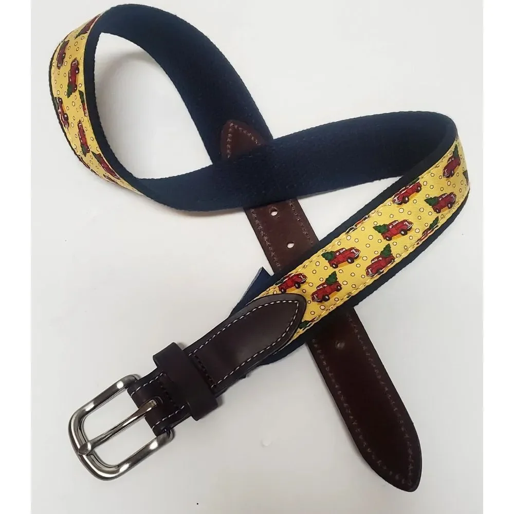 Vineyard Vines Belt 26 Little Red Truck Christmas Tree Yellow Print Snow Leather